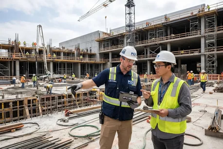 A PCS site lead reviewing project schedule on a tablet at an active formwork site, with a full crew working the pour behind him
