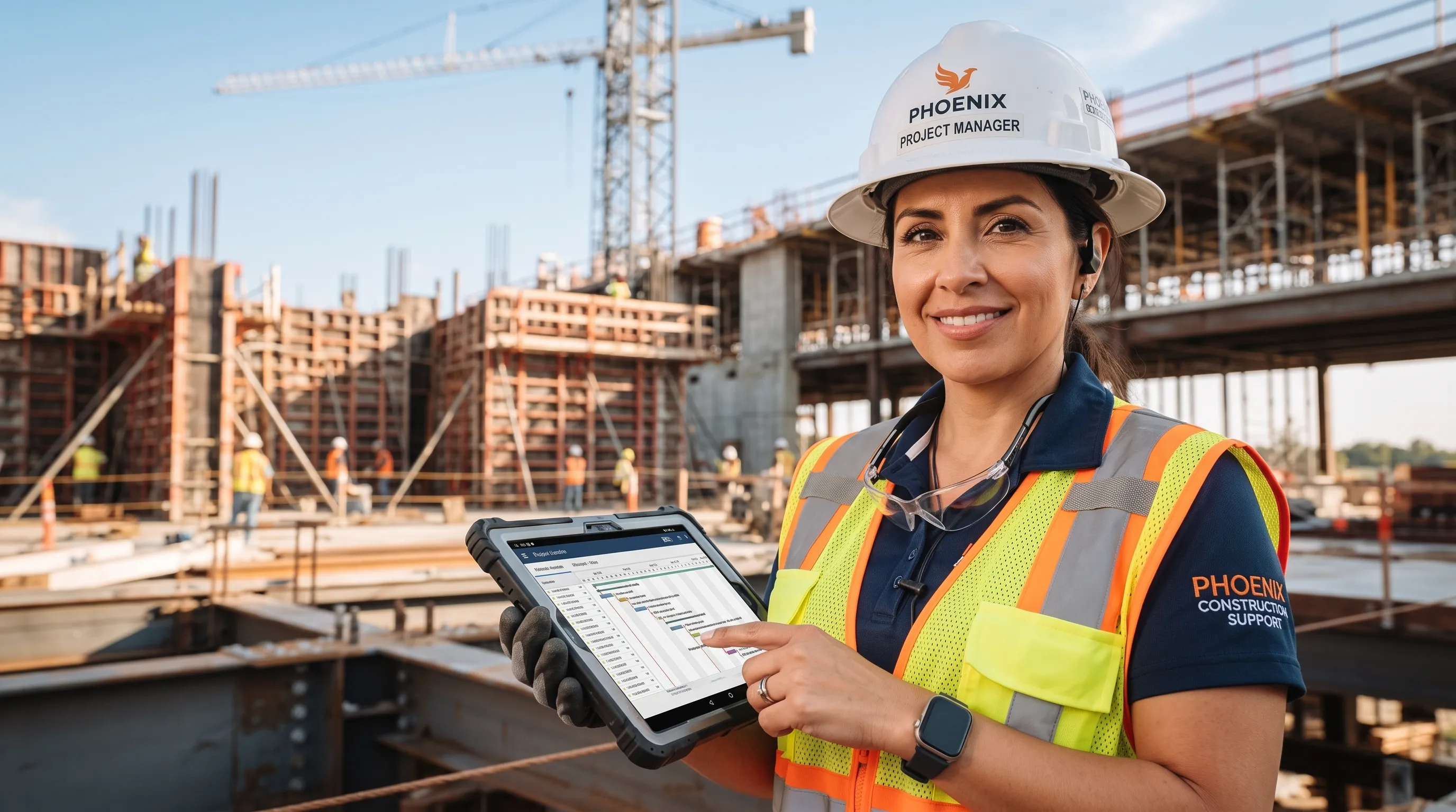 A PCS project manager in a hard hat and safety vest on an active high-rise jobsite, crew working in the background